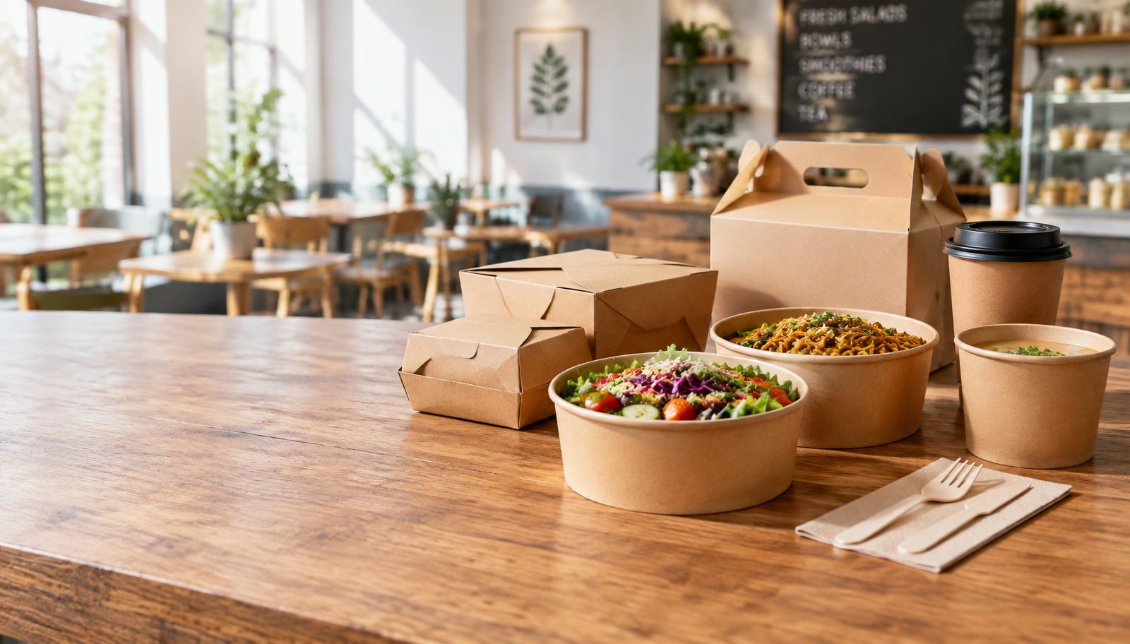 Kraft paper food containers, bowls, takeout boxes and cups on a restaurant counter