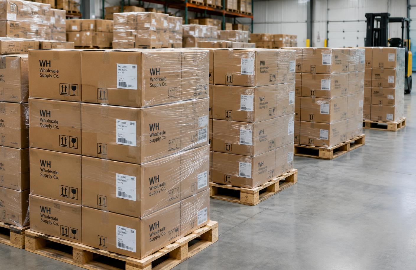 Shipping cartons on pallets in a warehouse